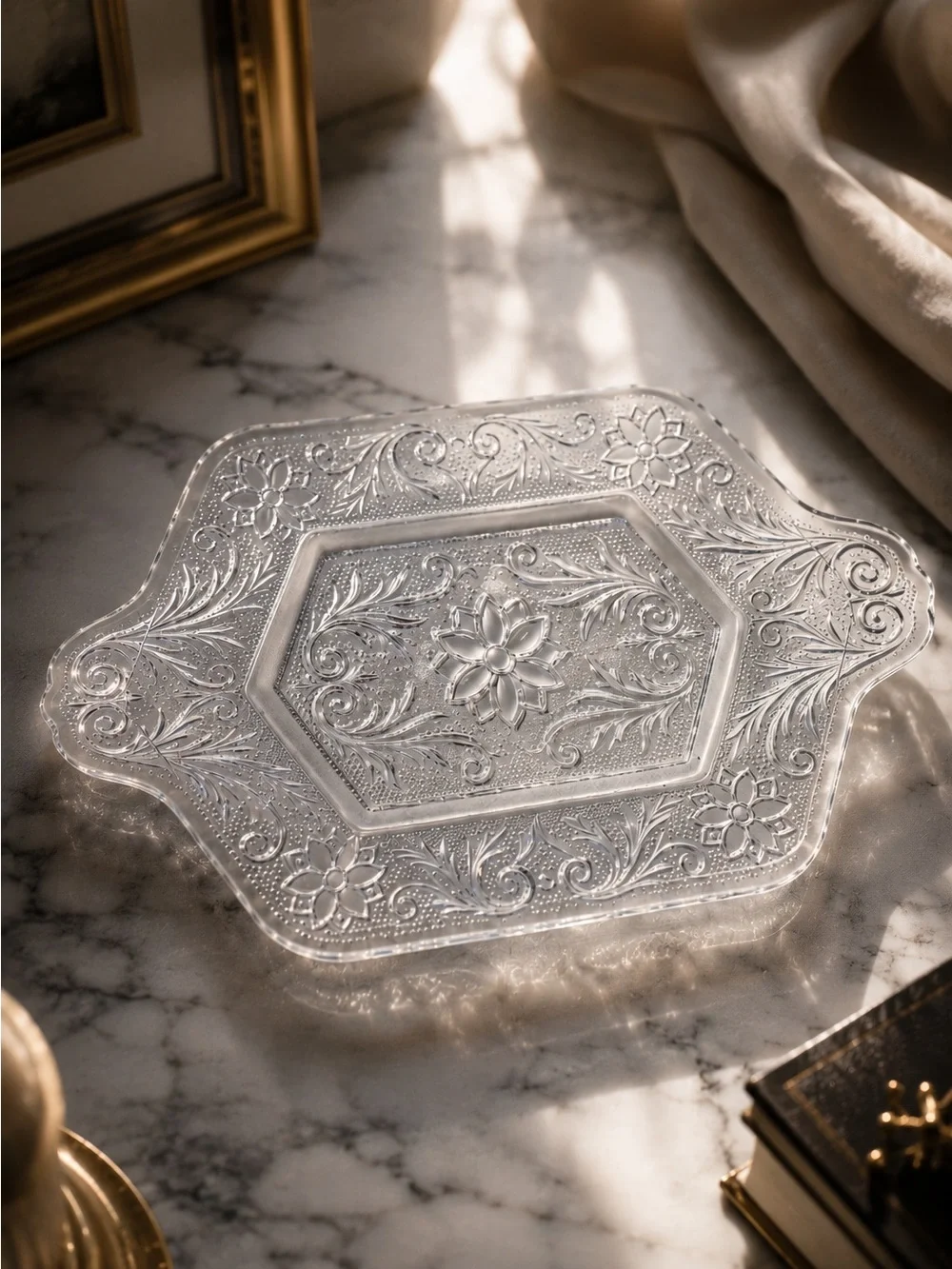Vintage Decorative Clear Glass Vanity Tray with Intricate Etching Cottagecore